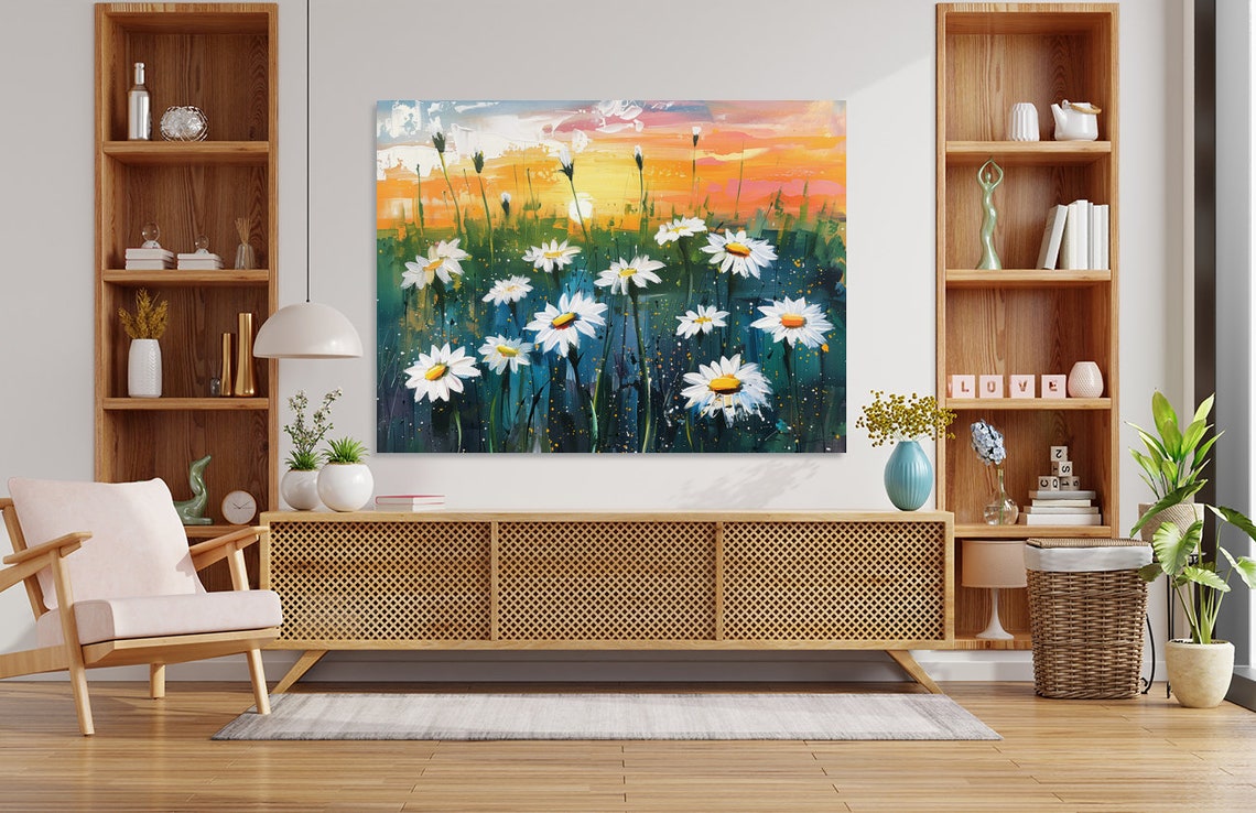 White Daisies at Sunset Colorful Impasto Flower Painting Poster - Image 5