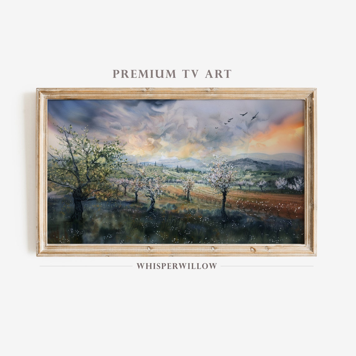 Blossoming Vineyard Sunset Watercolor Spring Orchard Hills Poster