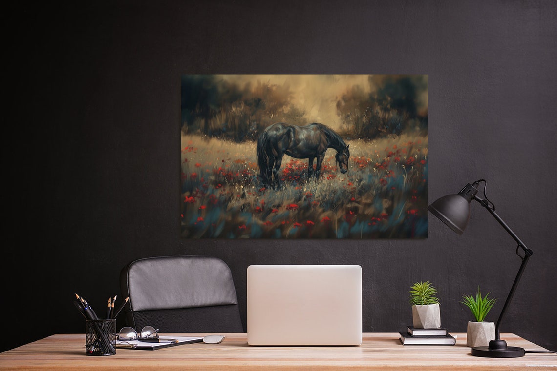 Black Horse in Red Poppy Field Dramatic Moody Equestrian Poster - Image 2