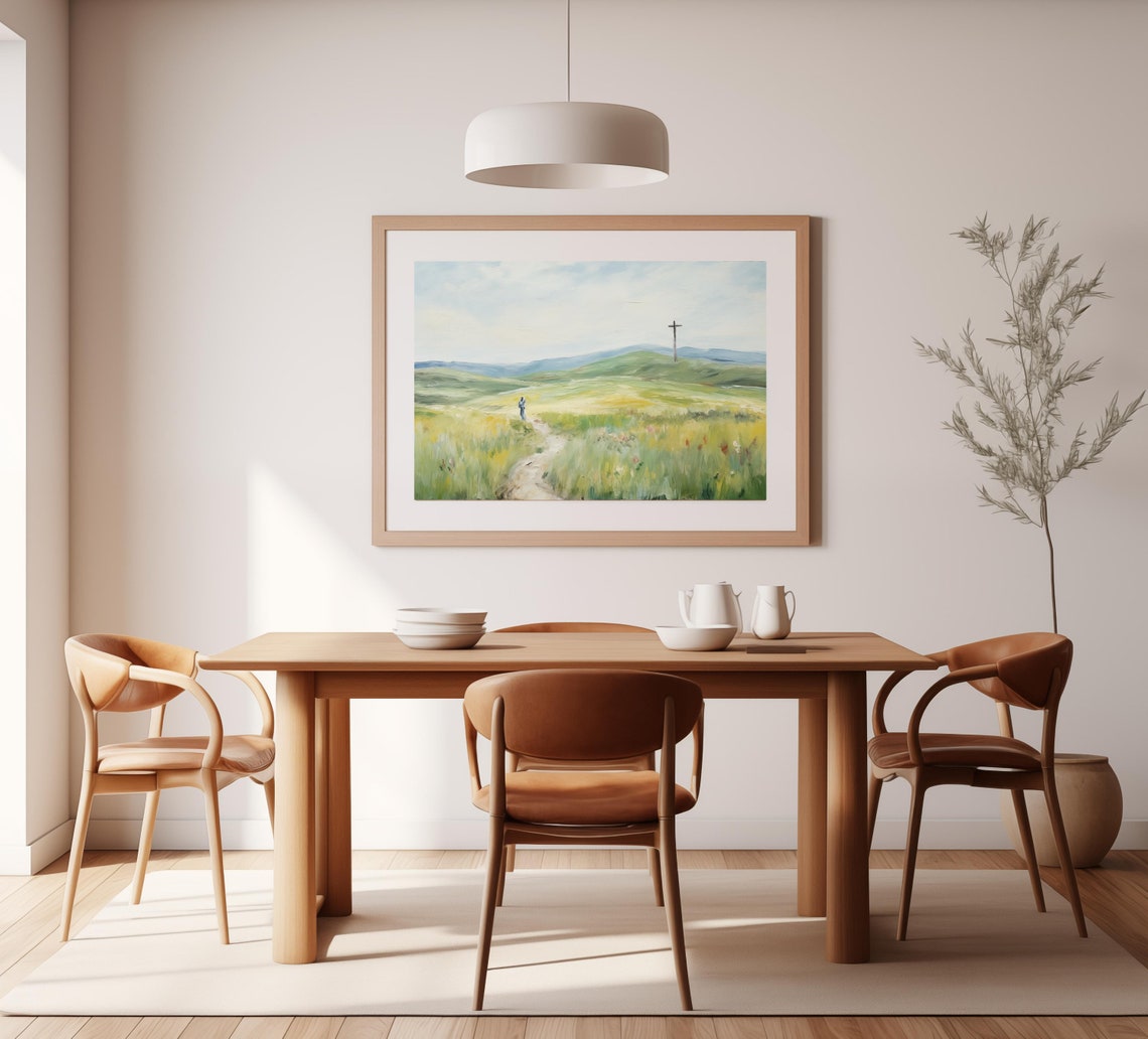 Cross on a Green Hill Christian Faith Meadow Landscape Art Poster - Image 3
