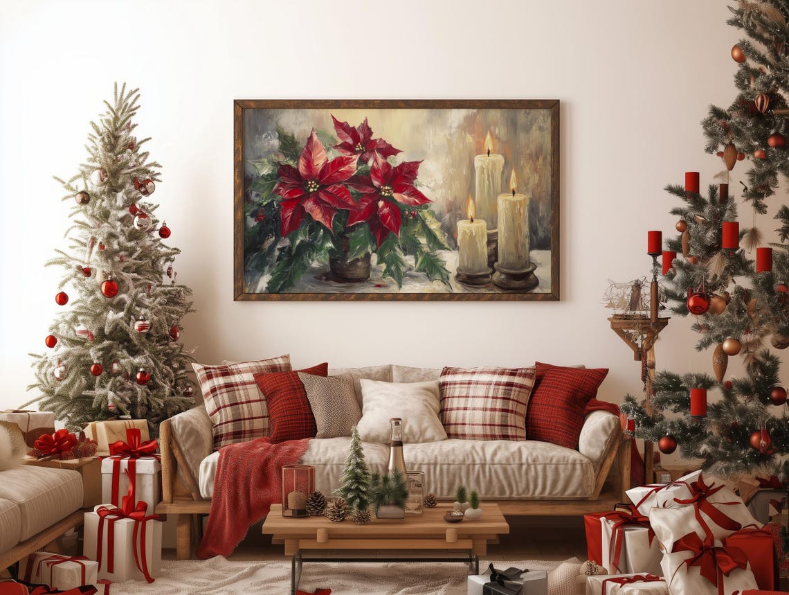 Poinsettia Bouquet with Three Glowing Candles Christmas Poster - Image 3