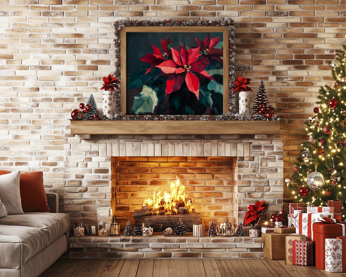 Bold Red Poinsettia Blooms Painterly Holiday Floral Art Poster - Image 4