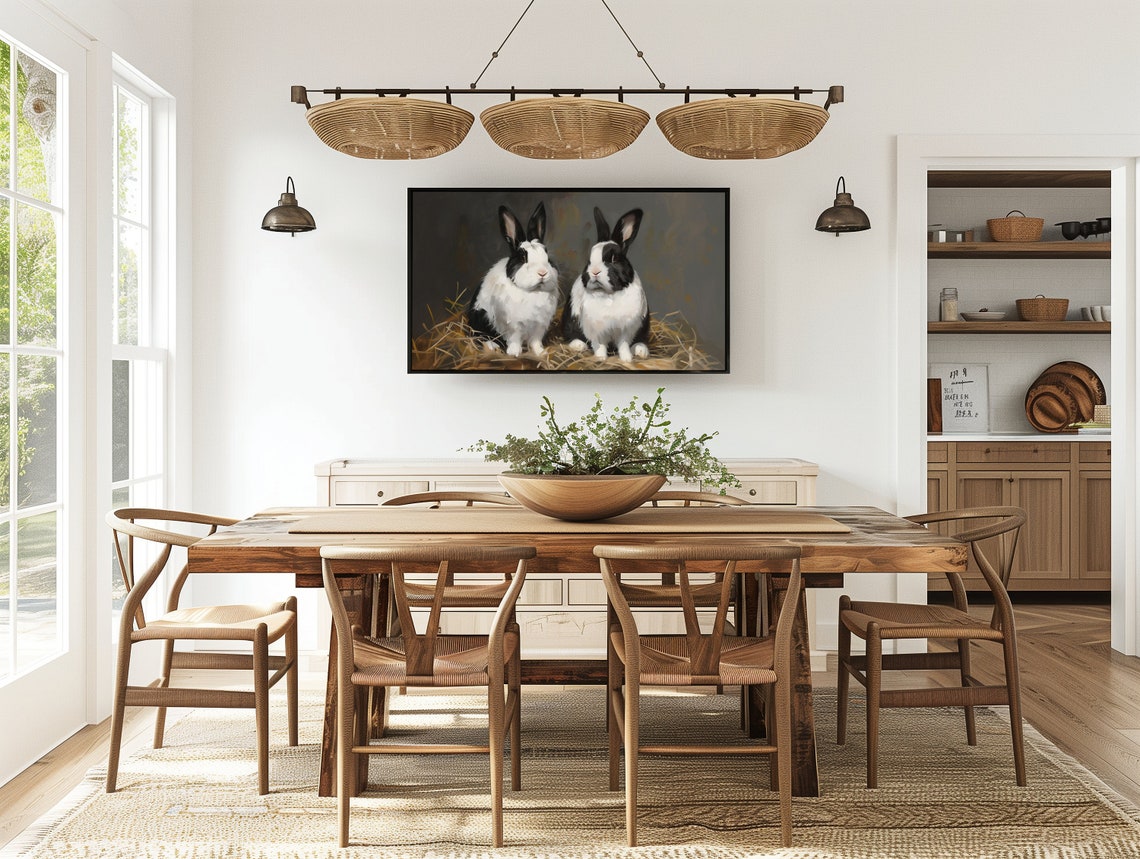 Two Black and White Rabbits Resting in Golden Hay Art Poster - Image 4