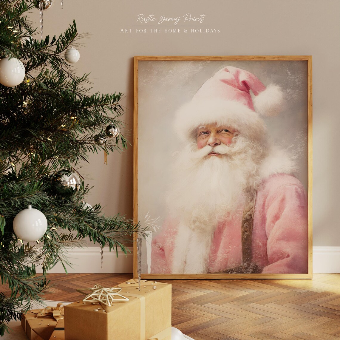 Pink Santa Claus Portrait Vintage Oil Painting Christmas Holiday Print