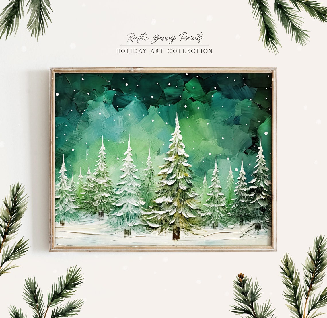 Snowy Pine Trees Northern Lights Night Winter Christmas Holiday Art
