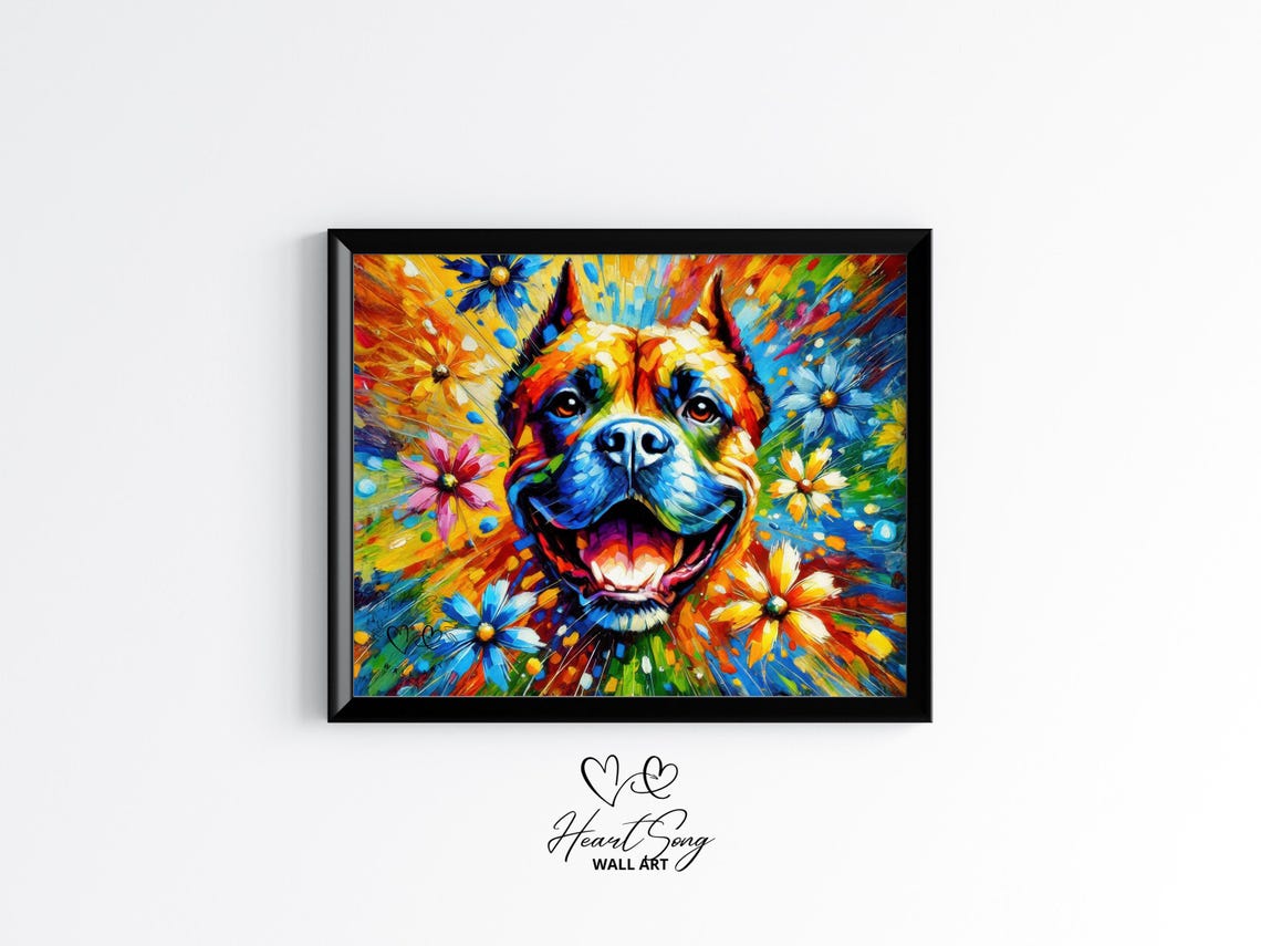 Pit Bull Pop Art Dog Portrait with Bright Flower Bursts Poster