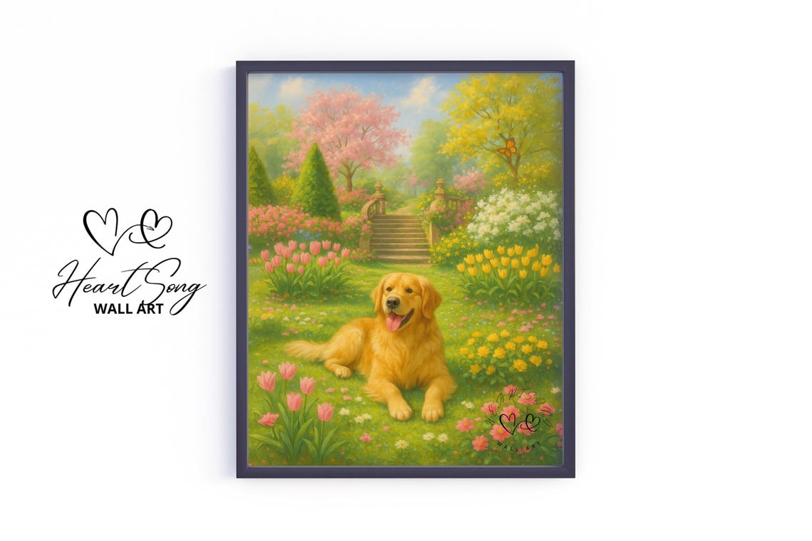 Golden Retriever In Spring Garden Tulips Blossom Trees Poster