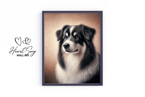 Black Tri Australian Shepherd Wall Art Moody Dog Portrait Rustic Country Home Decor Earthy Painting Pet 317