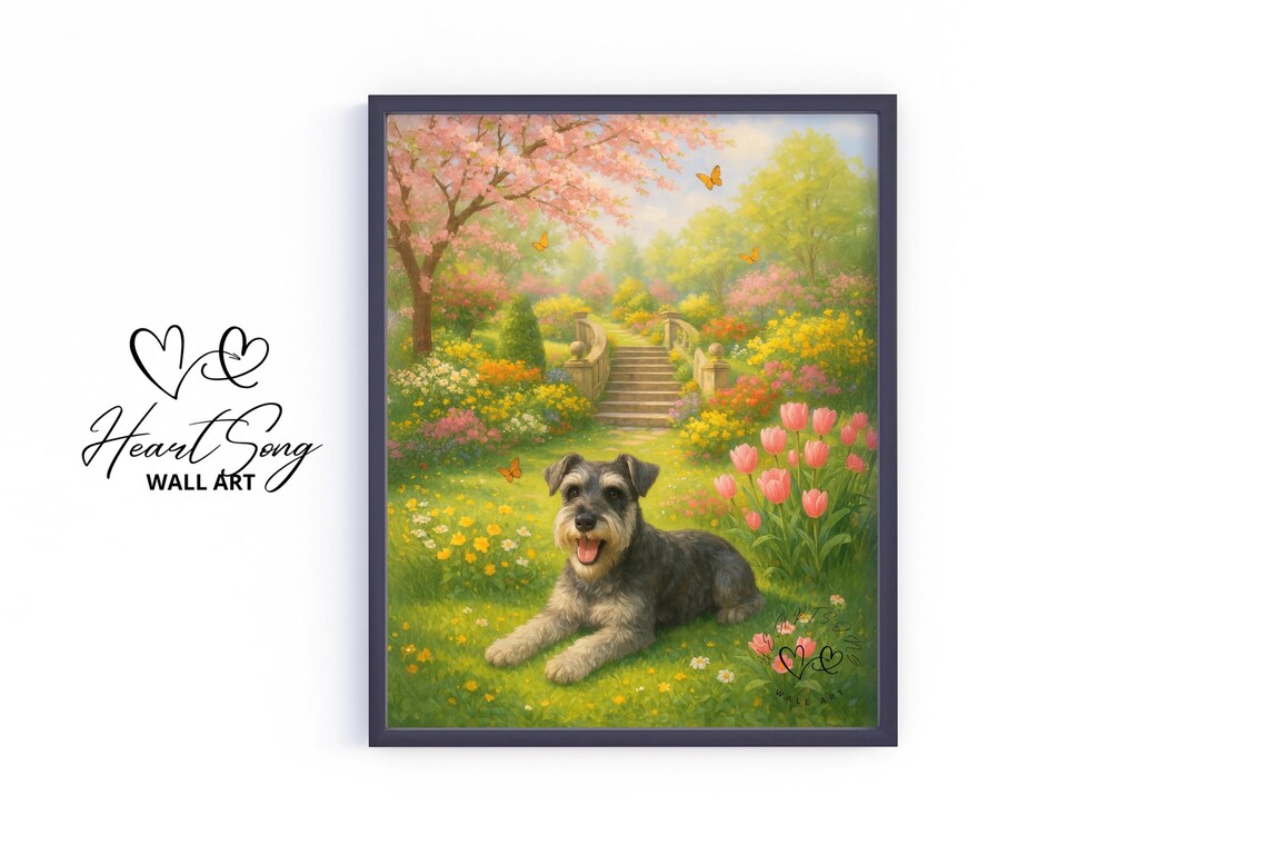 Schnauzer Dog Lying in Spring Garden Blossoms Painting Art Poster