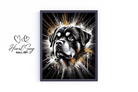 Rottweiler Dog Art Moody Black And Gold Pet Portrait Vintage Stylish Print Elegant Animal Wall Decor 362
