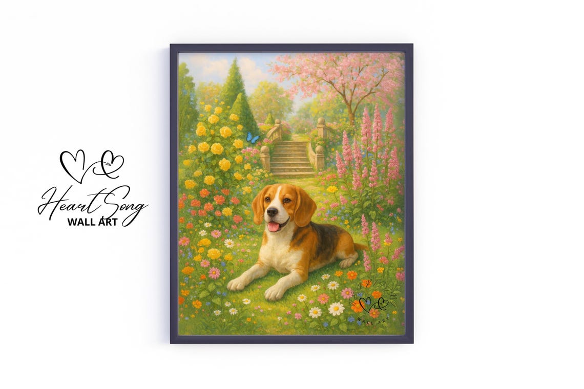 Happy Beagle Dog Resting in Vibrant Spring Flower Garden Wall Art