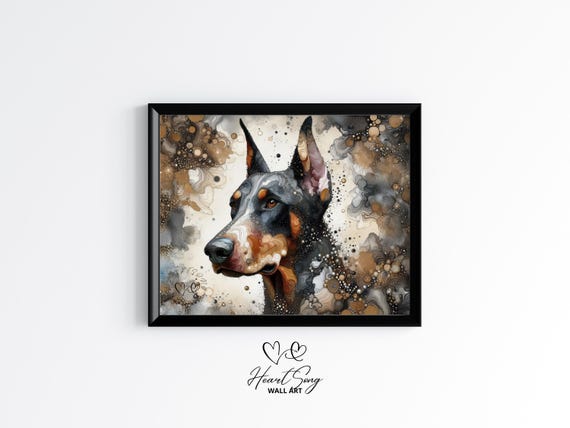 Doberman Pinscher Dog Painting Rustic Abstract Wall Art In Alcohol Ink Style For Modern Decor Lovers 866