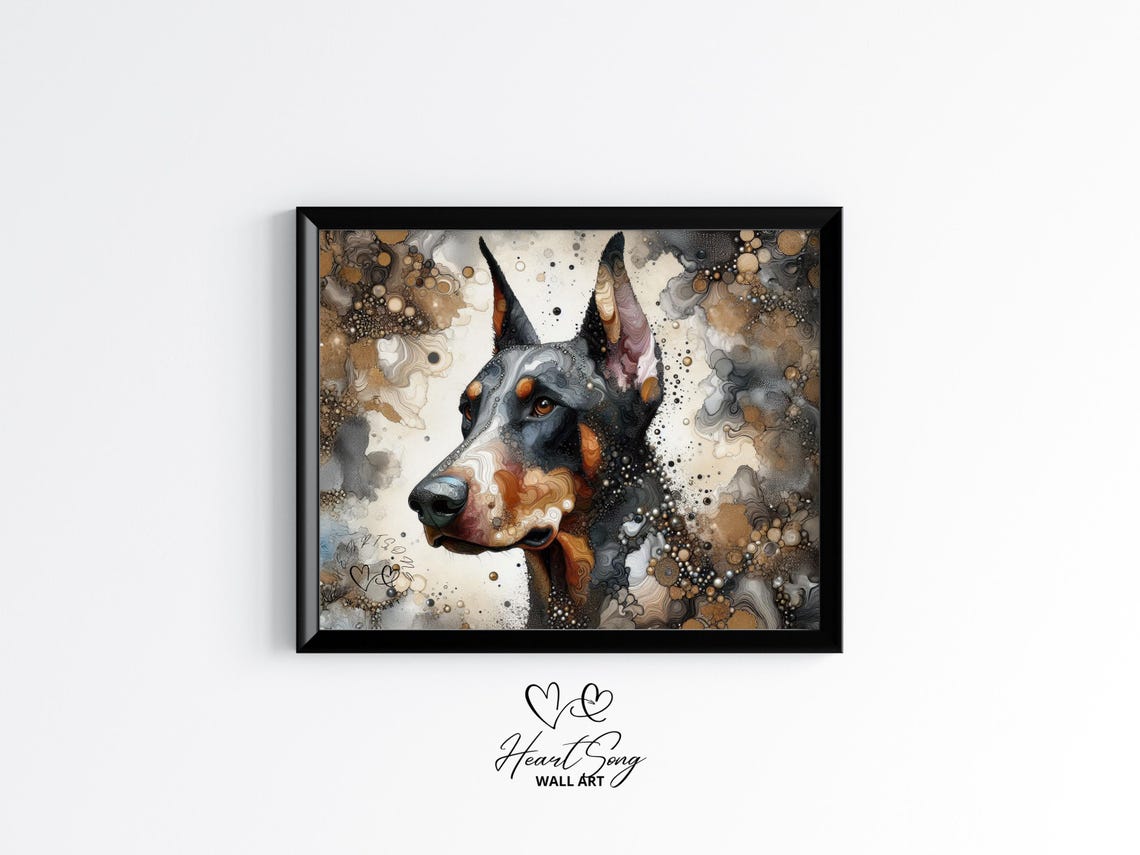 Doberman Pinscher Dog Painting Rustic Abstract Wall Art In Alcohol Ink Style For Modern Decor Lovers 866