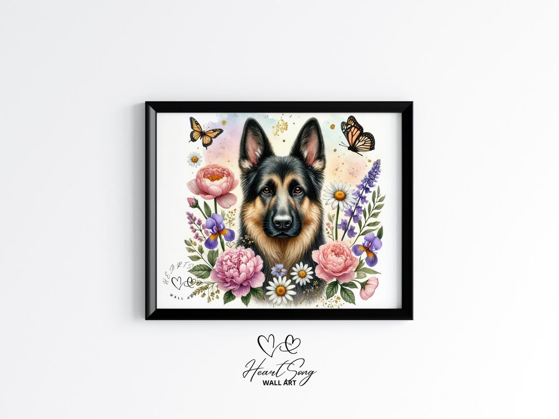 German Shepherd With Flowers Butterflies Floral Dog Art Poster