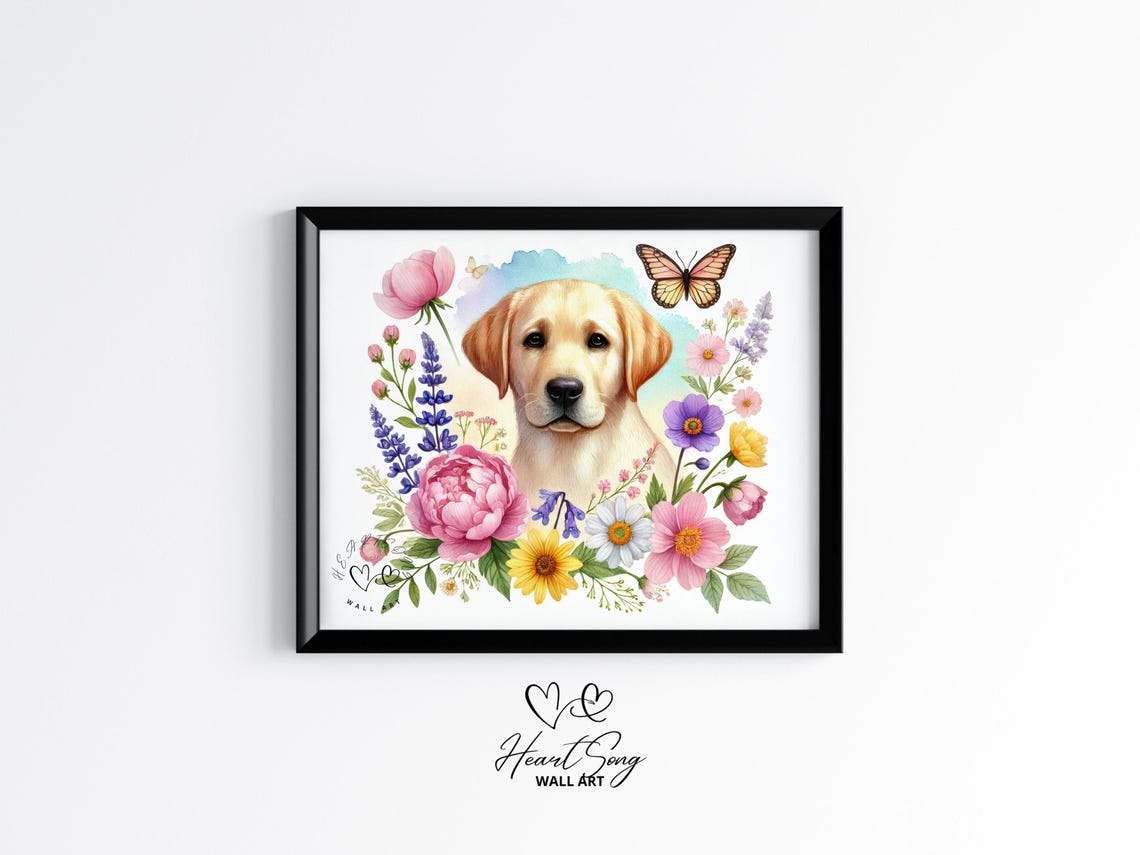 Labrador Retriever Puppy with Floral Wreath Watercolor Art Poster