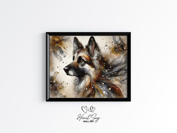 German Shepherd Dog Painting Rustic Abstract Wall Art With Painterly Alcohol Ink Swirls For Modern Decor Lovers 874