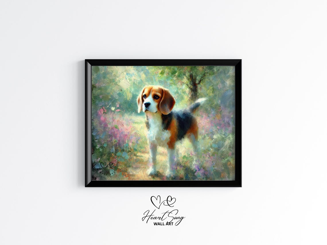Beagle Standing in Soft Pastel Field Impressionist Spring Dog Wall Art