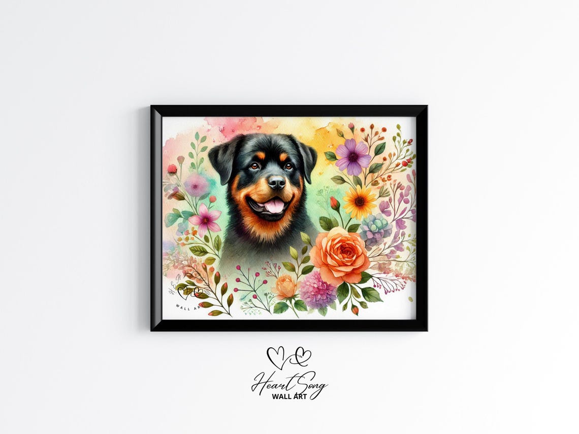 Rottweiler Floral Watercolor Poster Dog Breed Botanical Decor