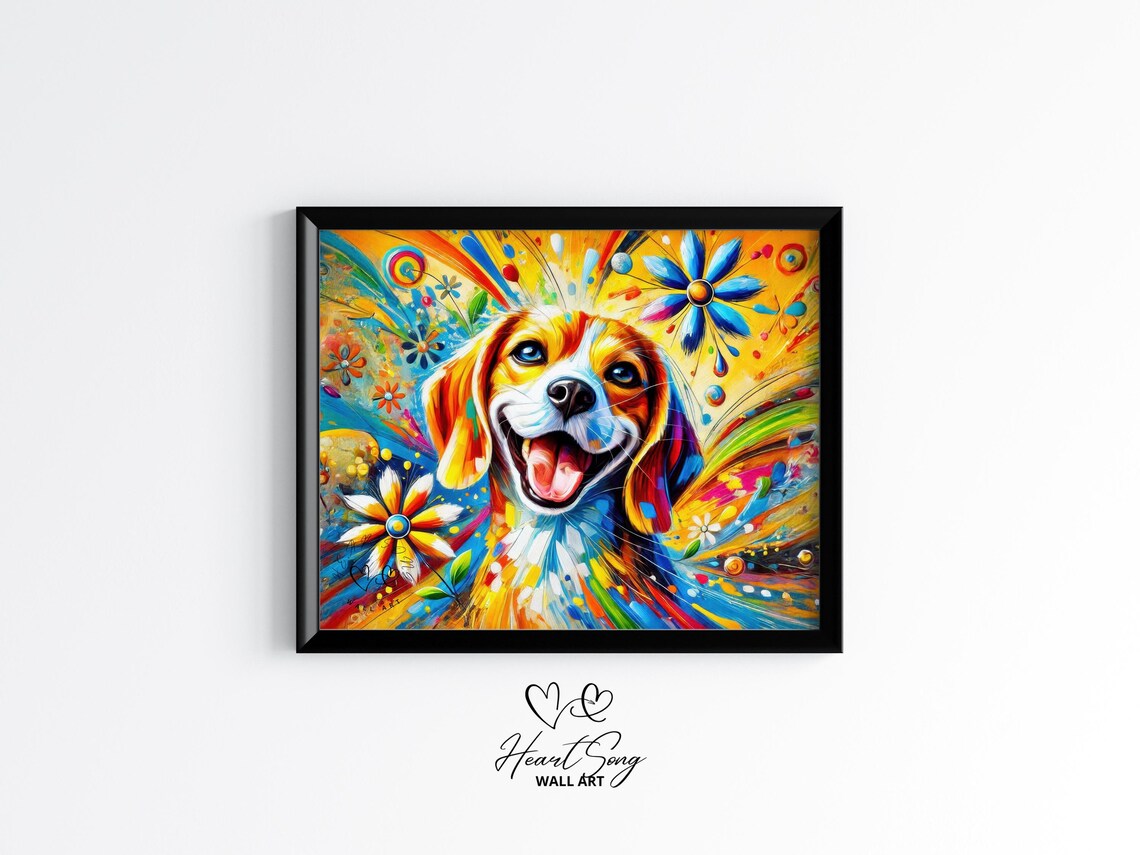 Beagle Pop Art Dog Portrait with Colorful Daisy Flowers Poster