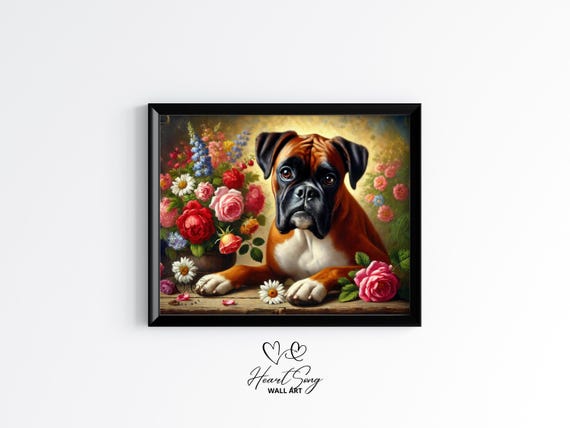 Rustic Boxer Dog Christmas Floral Painting Moody Vintage Wall Art Cozy Country Home Decor Botanical Holiday Print 593