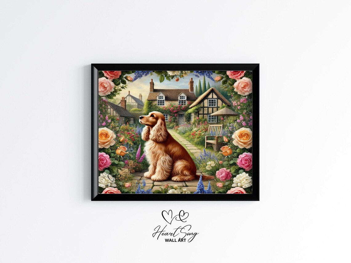 Cocker Spaniel Cottage Garden Floral Vintage Country Dog Poster