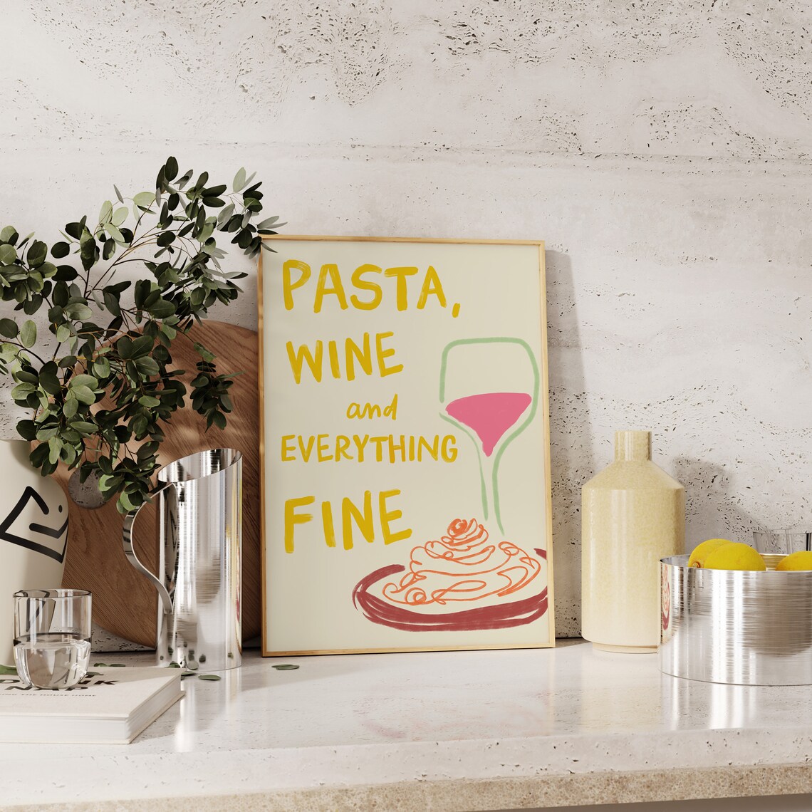 Hand-Drawn Pasta and Wine Poster, Italian Food Print - Image 2