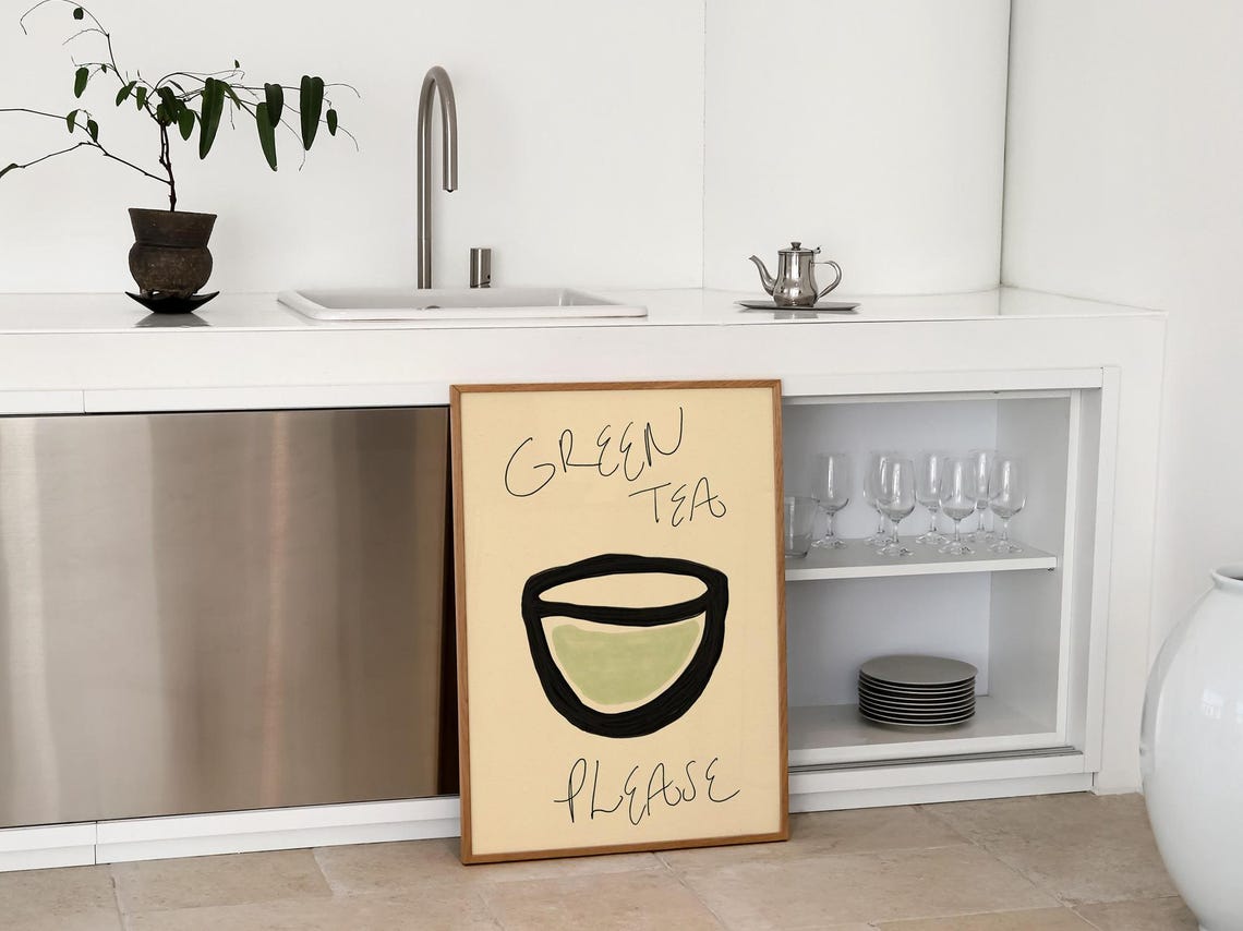Zen Green Tea Please Black Tea Bowl Minimal Drink Art Poster - Image 2