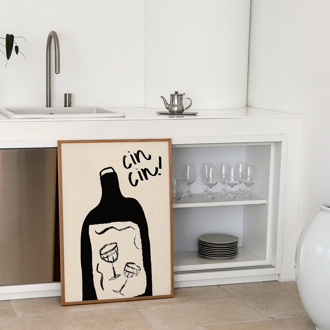 Retro Cin Cin Black Wine Bottle With Glasses Bar Decor Poster - Image 3