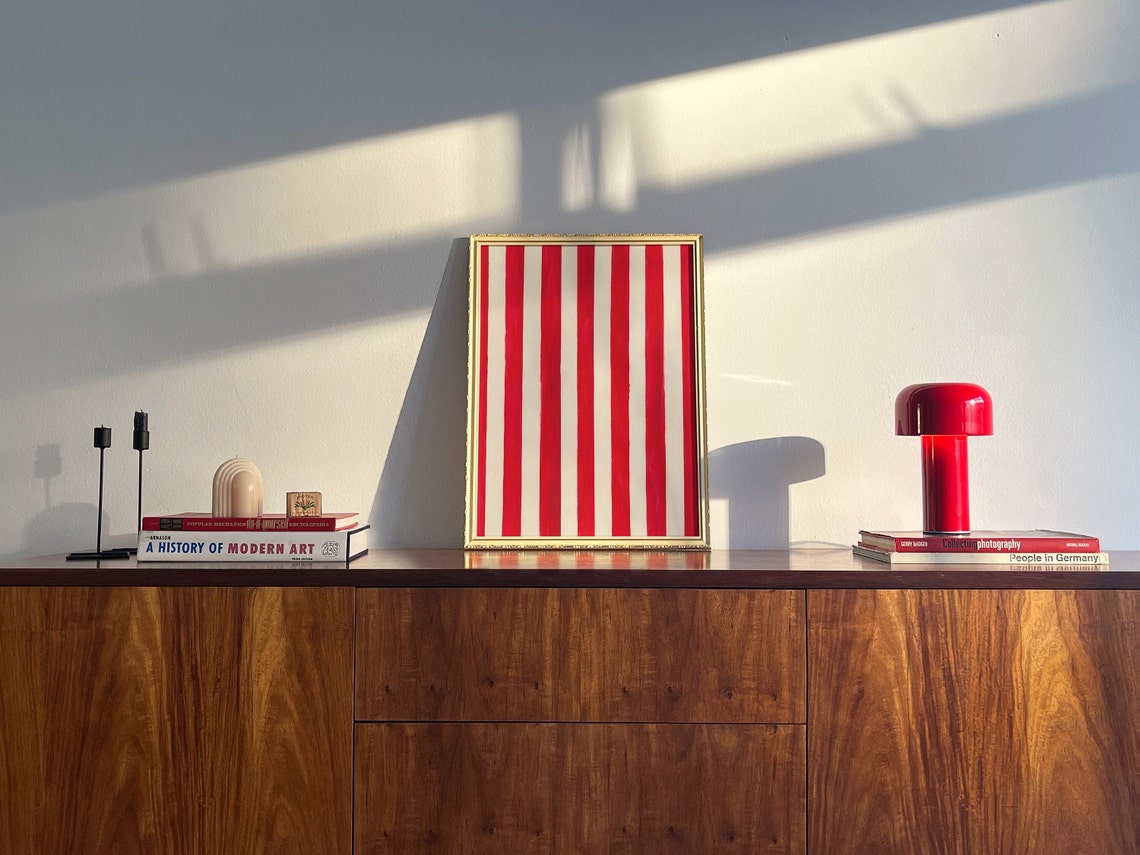 Bold Red And White Vertical Stripes Abstract Minimalist Decor Poster - Image 2