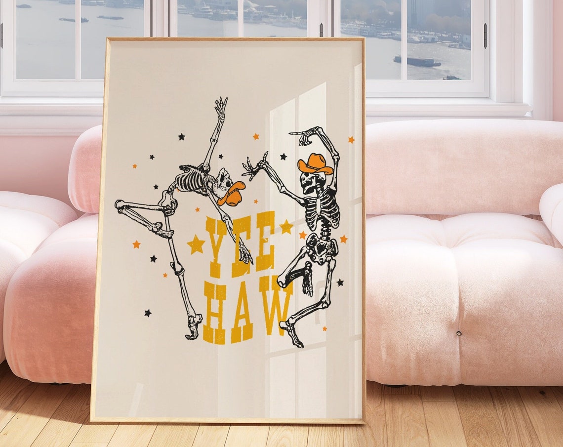 Funny Yee Haw Dancing Skeletons Cowboy Western Halloween Poster