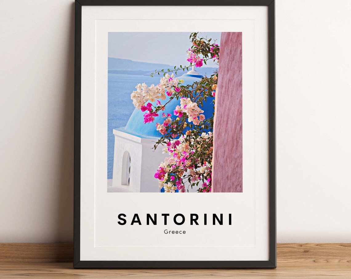 Santorini Greece Blue Dome Church Bougainvillea Photo Poster