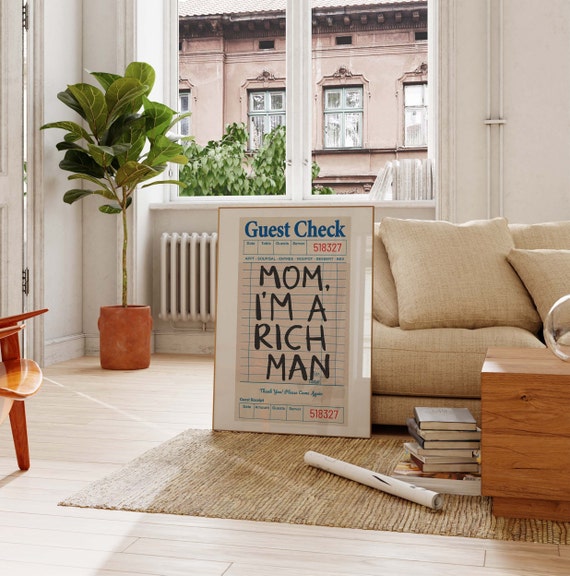 Guest Check Funky Poster Art I Am A Rich Man Poster Bar Cart Wall Art Groovy Wall Art Apartment Decor Aesthetic Retro College Prints