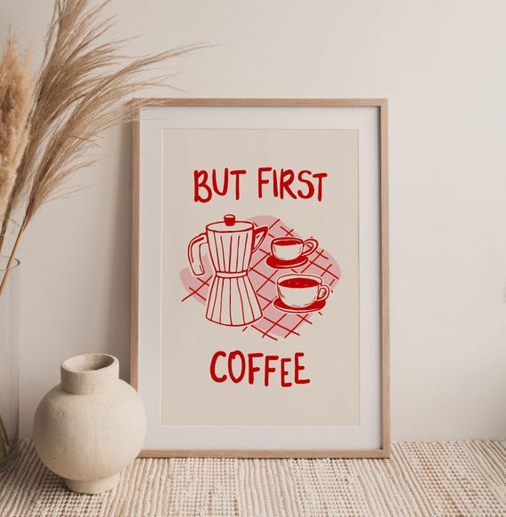 Preppy Kitchen Poster But First Coffee Print Retro Moka Pot And Espresso In Coffee Cups Poster Funky Illustration Gift For Coffee Lovers