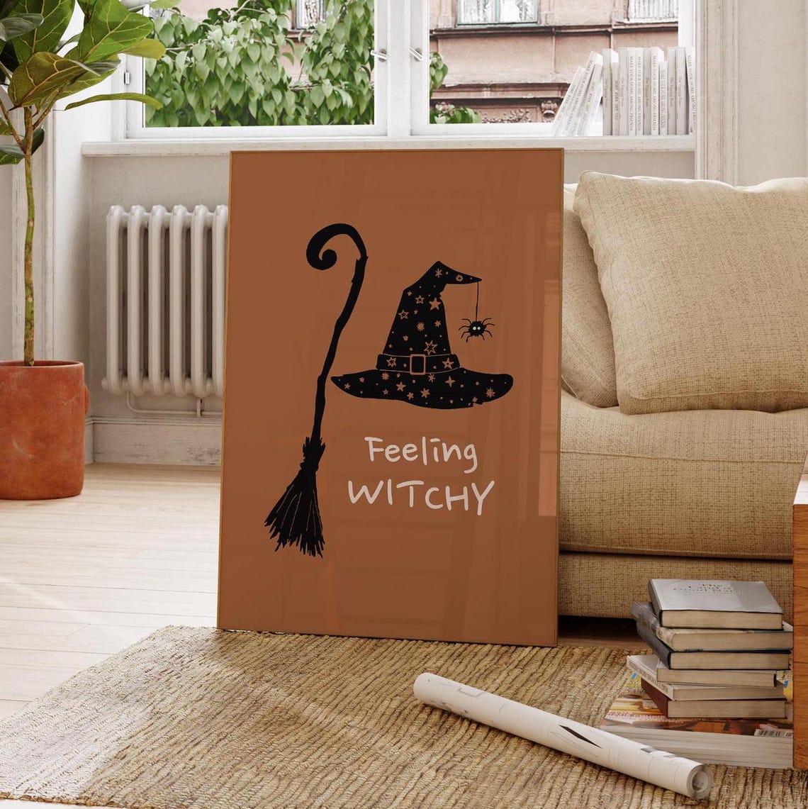 Feeling Witchy Starry Witch Hat Burnt Orange Halloween Poster