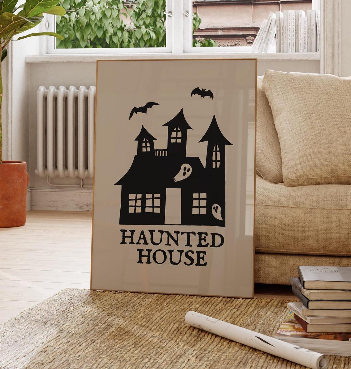 Haunted House with Ghosts and Bats Beige Minimalist Halloween Poster - Image 3