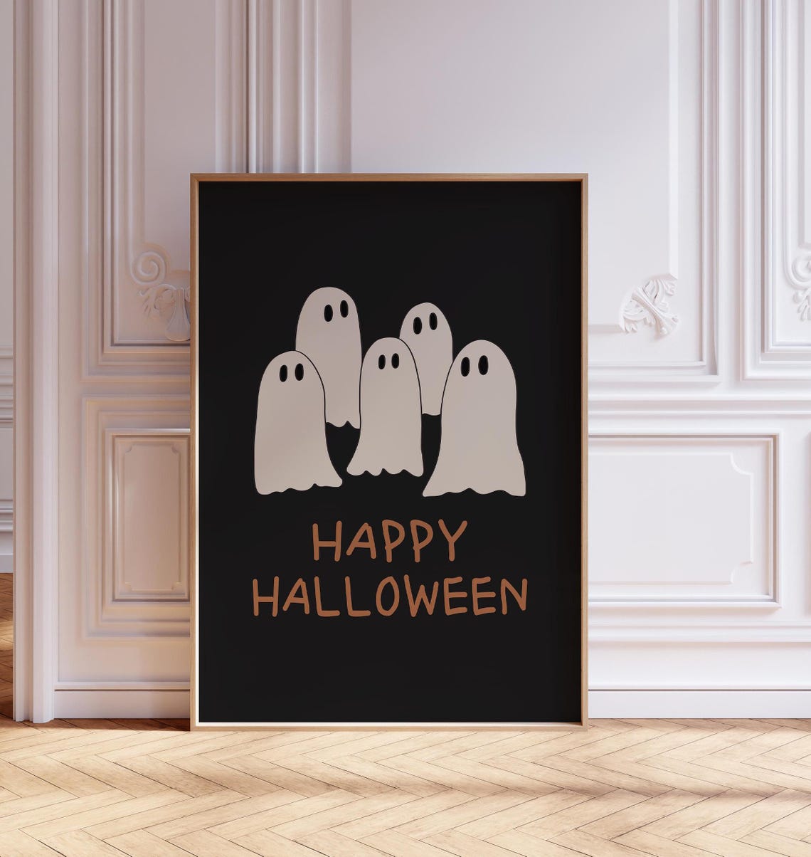 Five Happy Ghosts Group Cute Halloween Black Party Quote Poster - Image 3