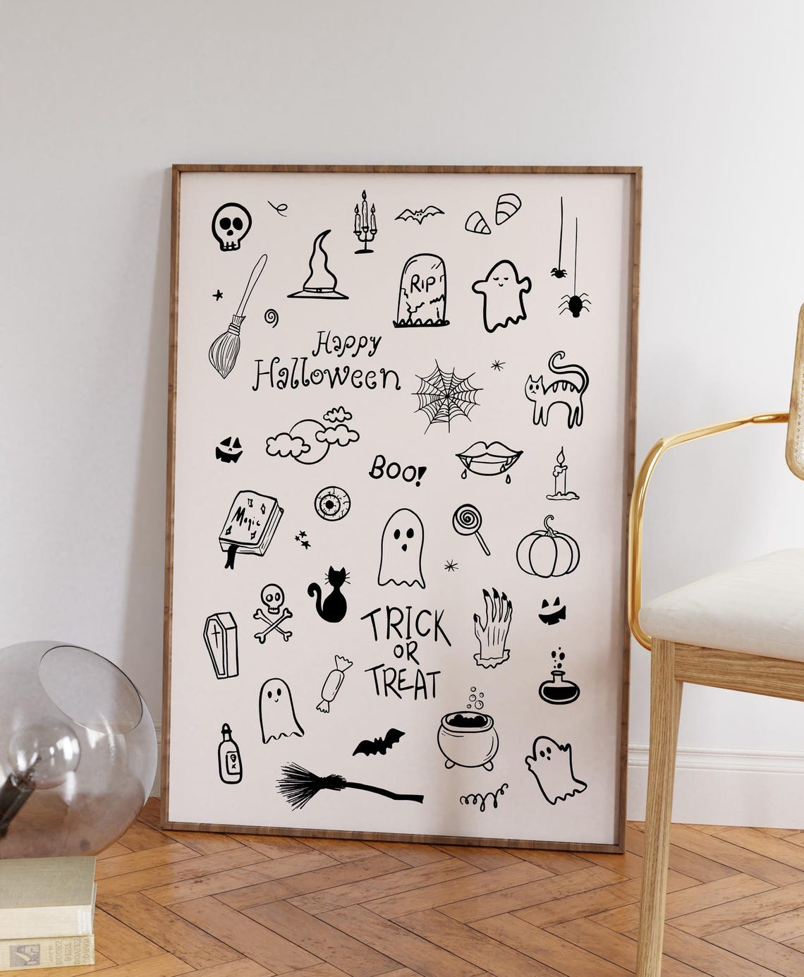 Black Ink Halloween Doodle Poster on Cream with Cute Spooky Icons - Image 2