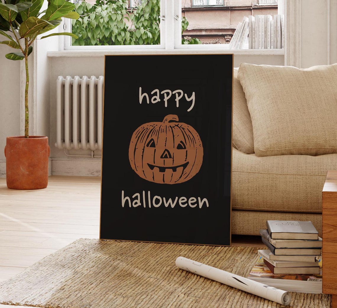 Happy Halloween Orange Pumpkin Face Black Party Quote Poster