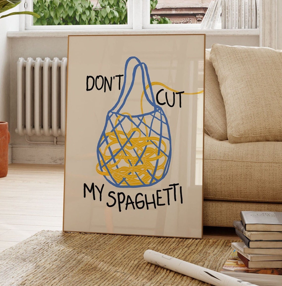 Don't Cut My Spaghetti Funny Blue Grocery Bag Pasta Quote Poster