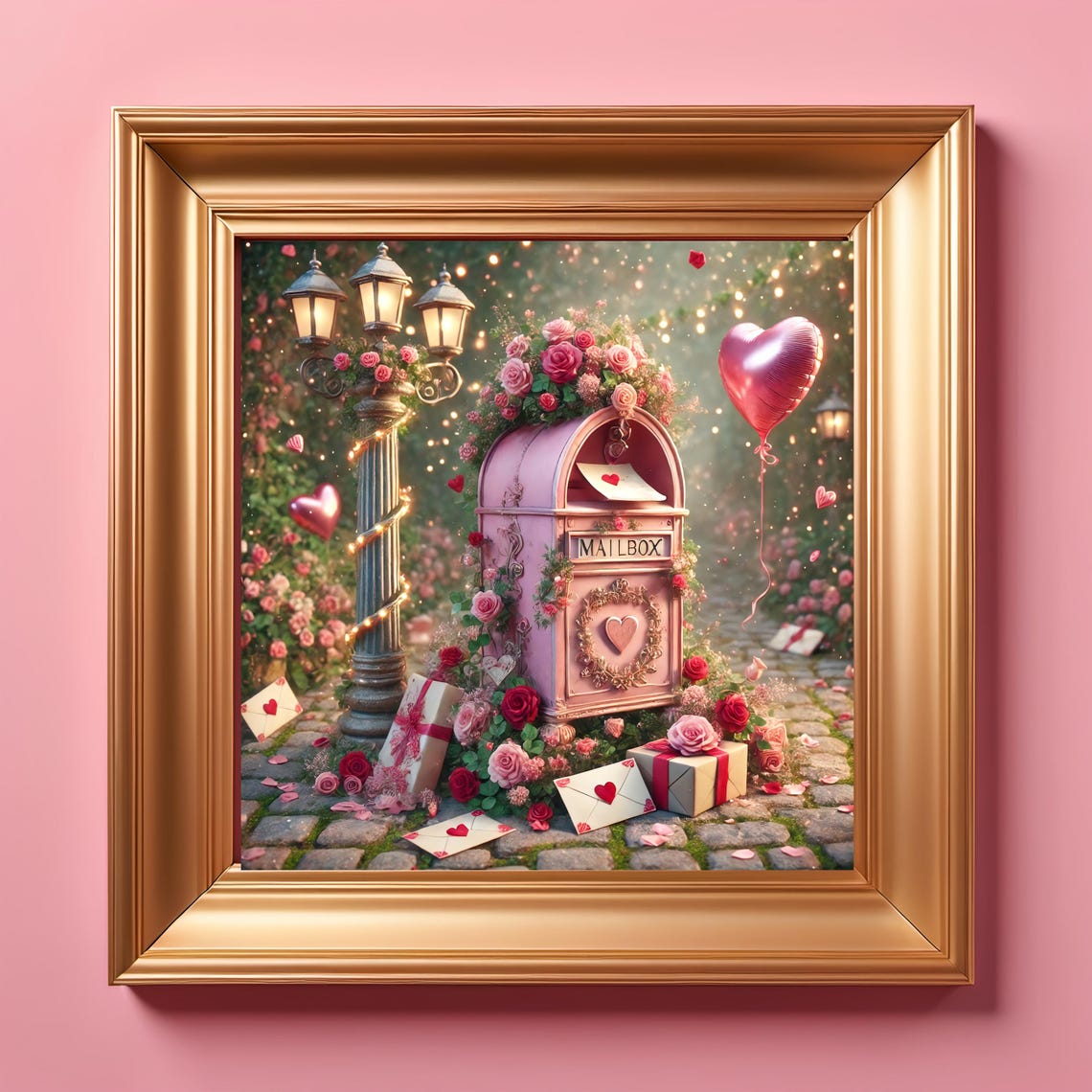 Whimsical Pink Valentine Mailbox with Roses and Love Letters Print - Image 3