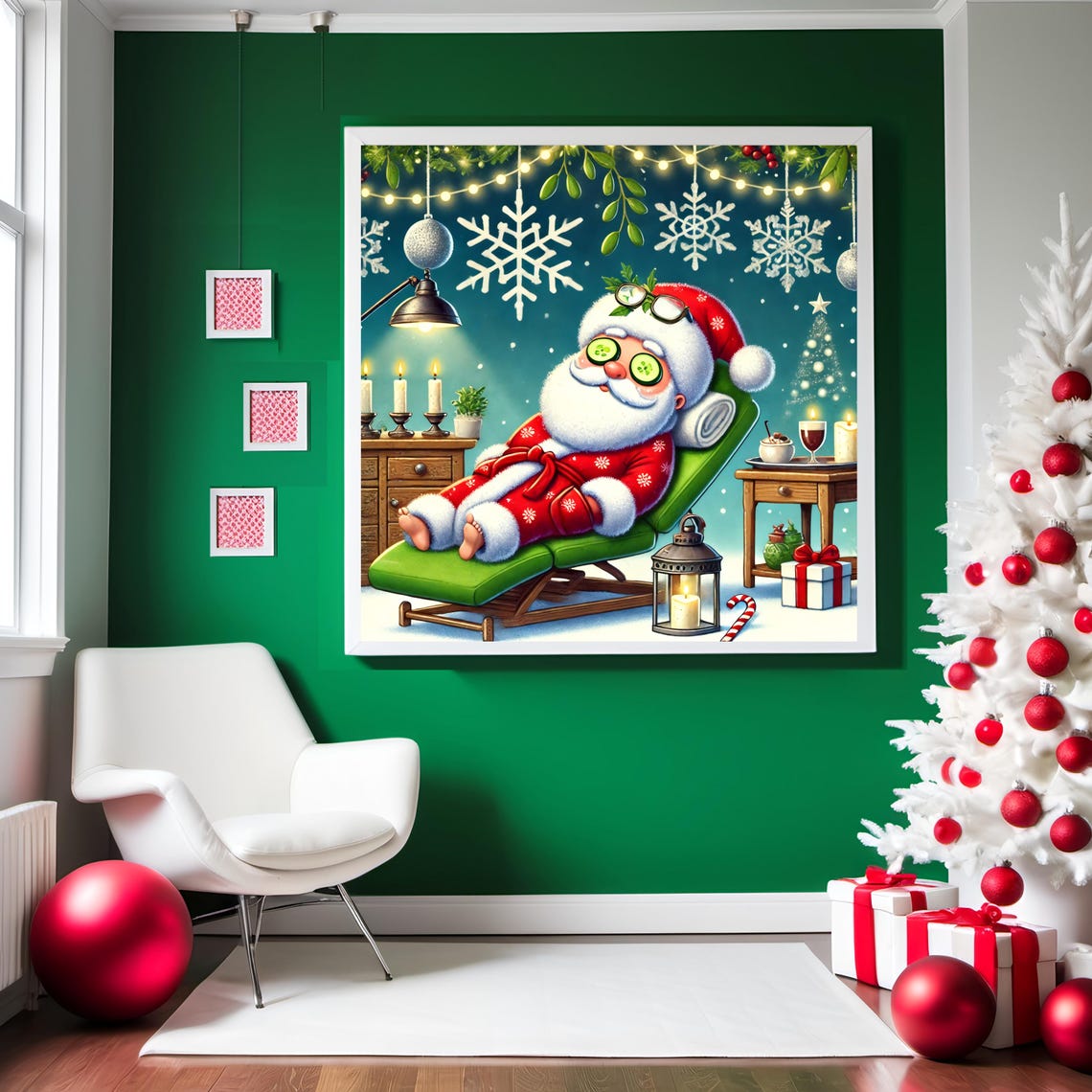 Funny Santa Spa Day Relaxing Holiday Cartoon Christmas Print - Image 3