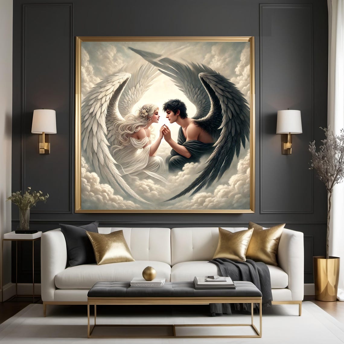 Light And Dark Angels Heart Wings Meeting Clouds Celestial Poster - Image 3