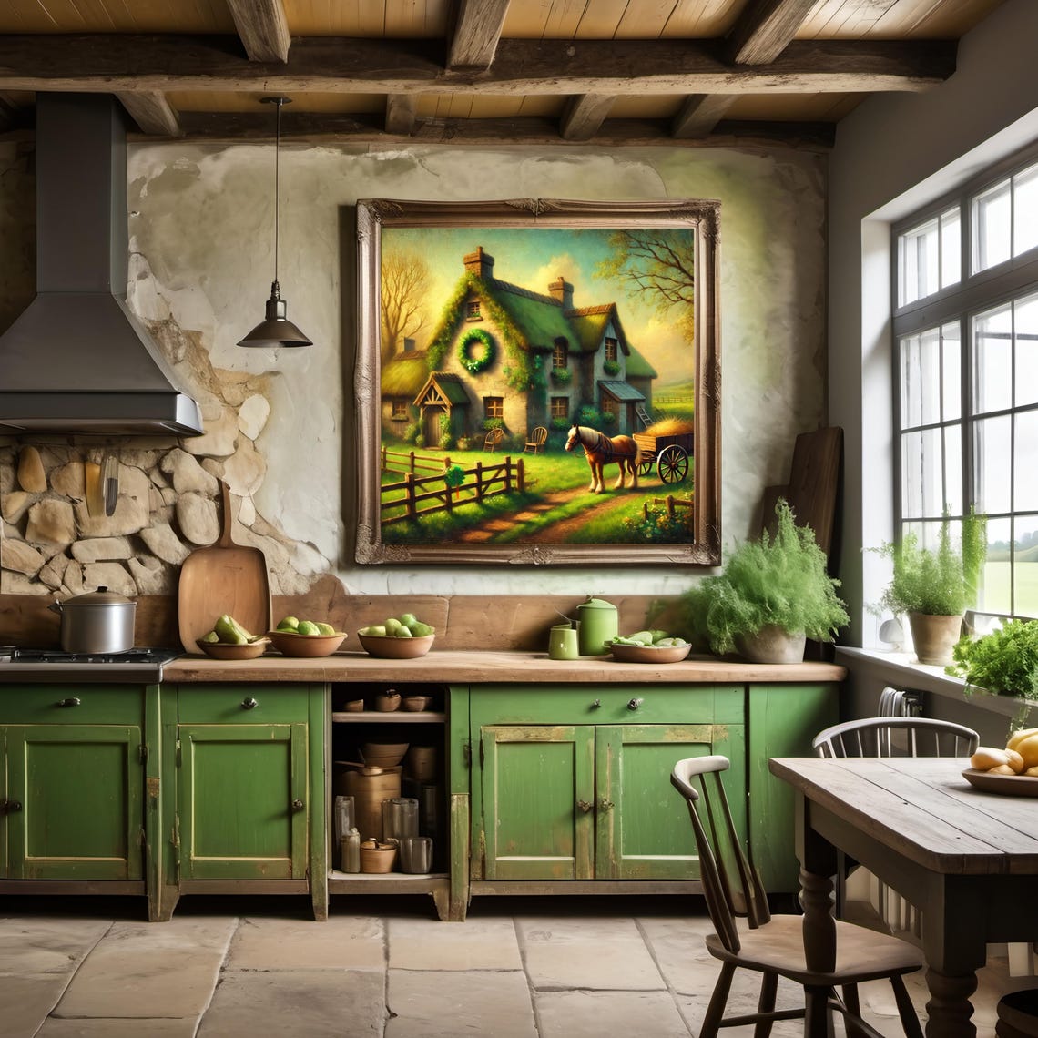 Irish Thatched Cottage Horse Cart Shamrock Wreath Rustic Wall Poster - Image 2