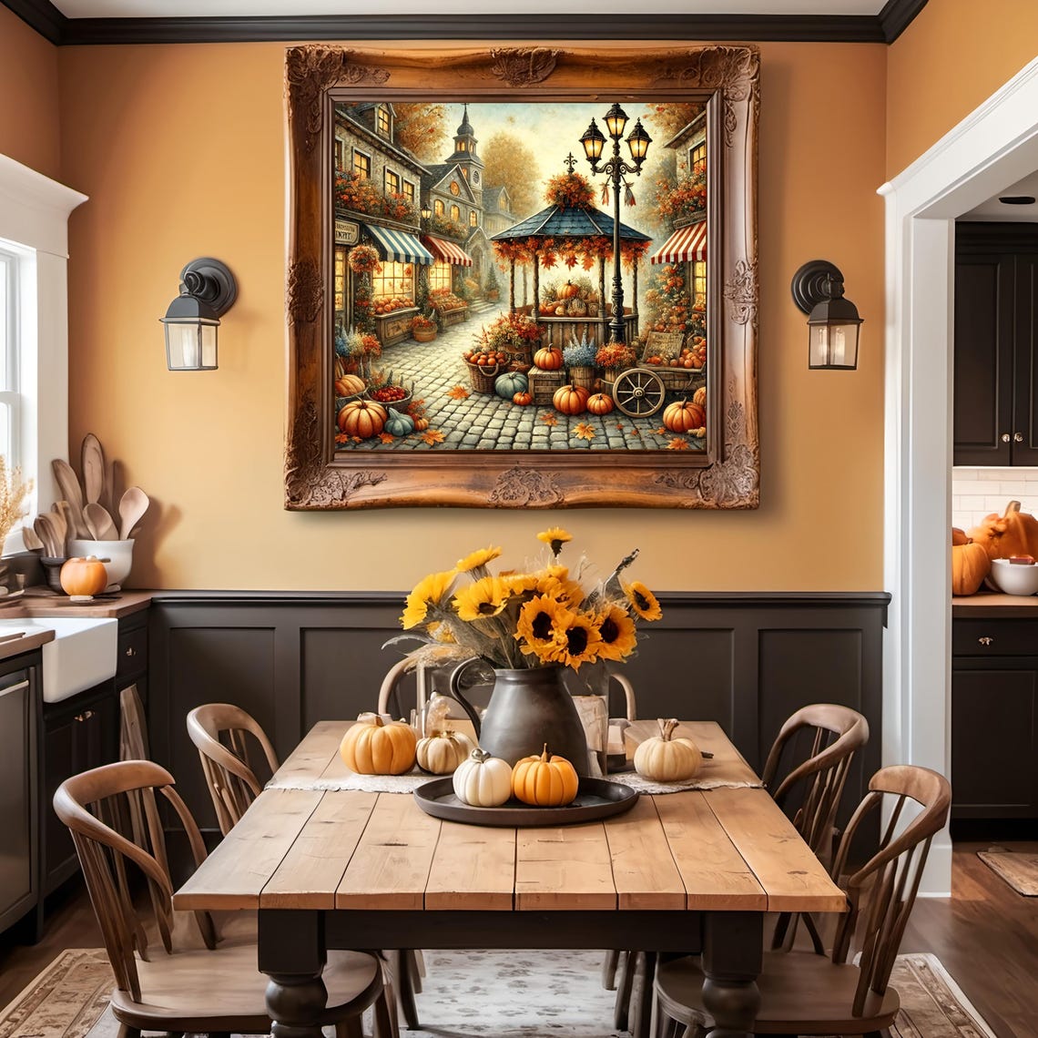 Vintage Autumn Market Street Pumpkins Gazebo Lamp Post Fall Poster - Image 3