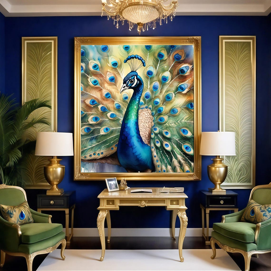 Majestic Peacock Watercolor Fan Tail Vibrant Blue Bird Art Print - Image 3