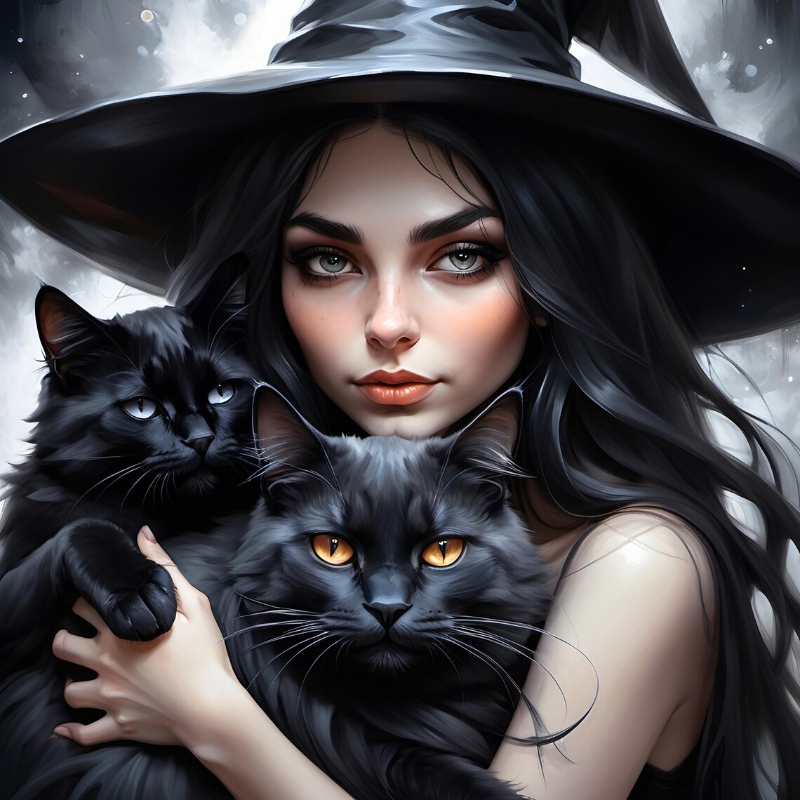 Mystical Black Haired Witch Holding Two Black Cats Gothic Magic Portrait Wall Art