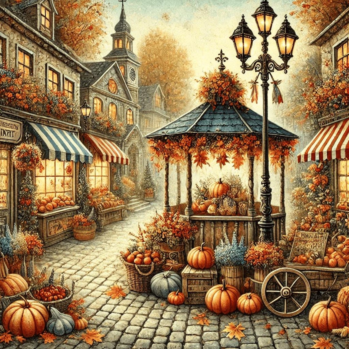 Vintage Autumn Market Street Pumpkins Gazebo Lamp Post Fall Poster