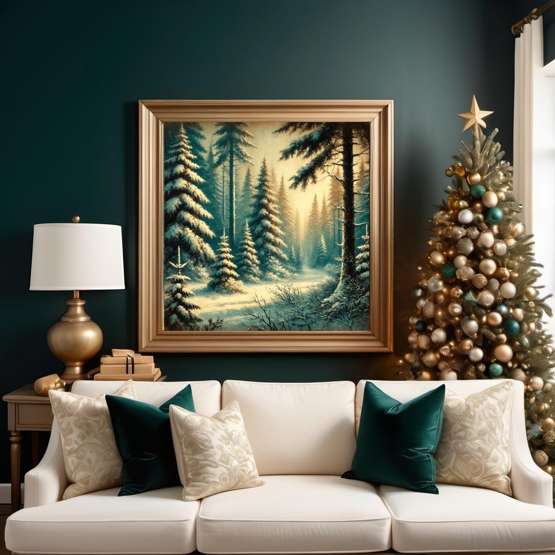 Snowy Evergreen Forest Golden Winter Light Vintage Landscape Wall Art - Image 3