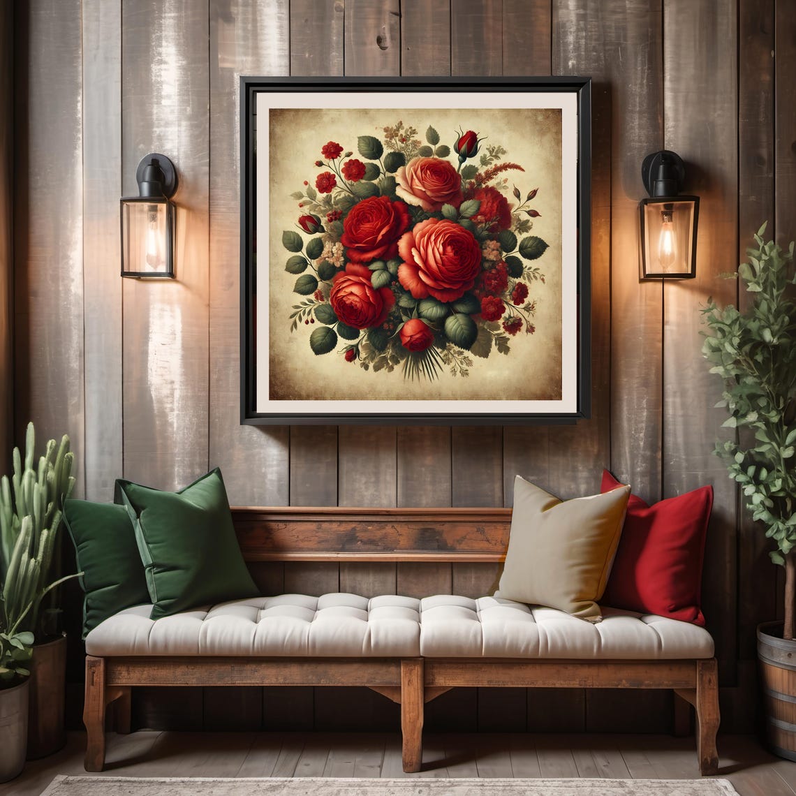 Bold Red And Coral Rose Bouquet Antique Botanical Vintage Poster - Image 3