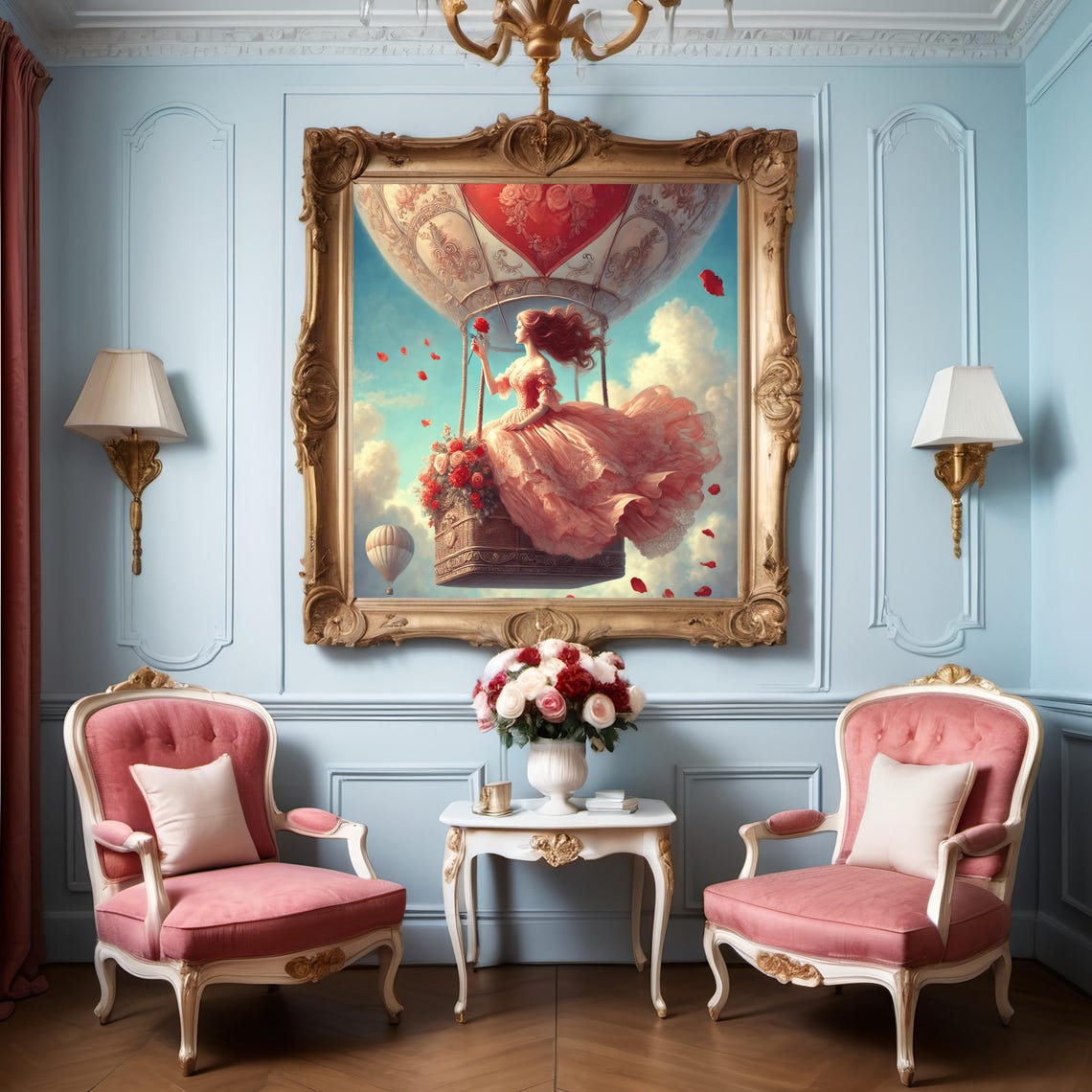 Romantic Rose Hot Air Balloon Lady In The Clouds Valentine Poster - Image 3
